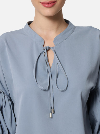 Light Blue Solid Tie-up Neck Top for Women
