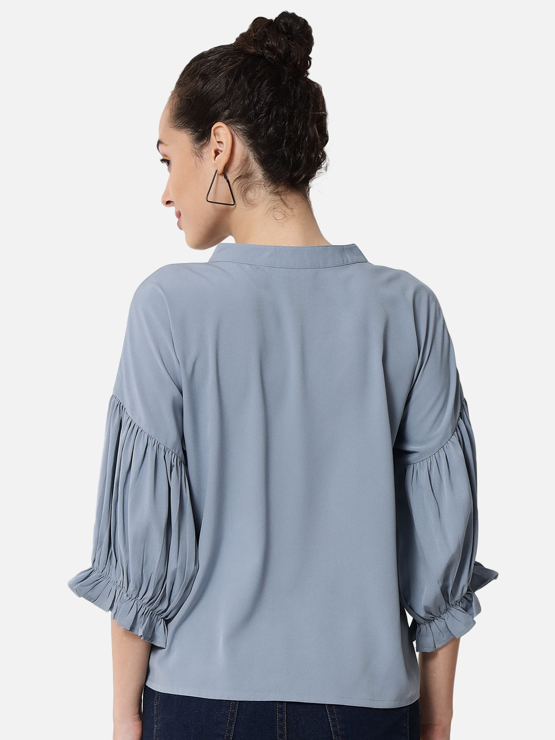 Light Blue Solid Tie-up Neck Top for Women