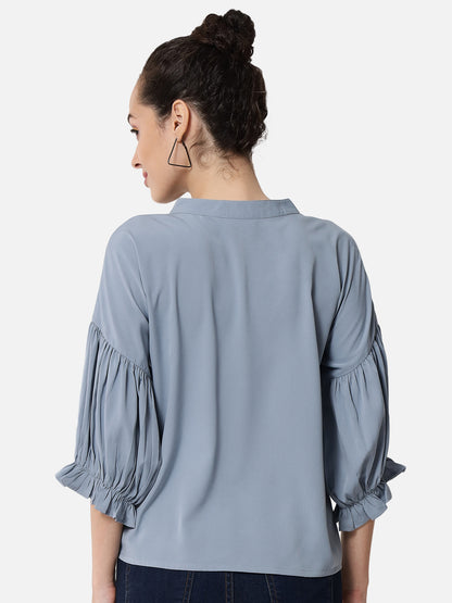 Light Blue Solid Tie-up Neck Top for Women