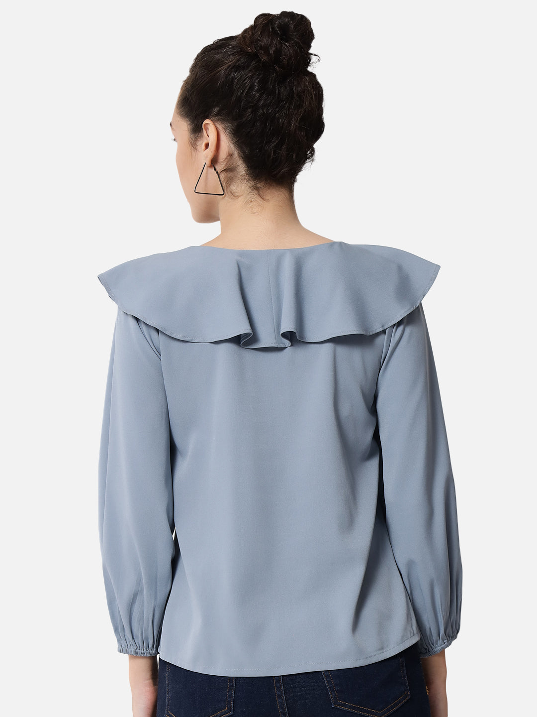 Blue Solid Round Neck Top for Women