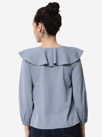 Blue Solid Round Neck Top for Women
