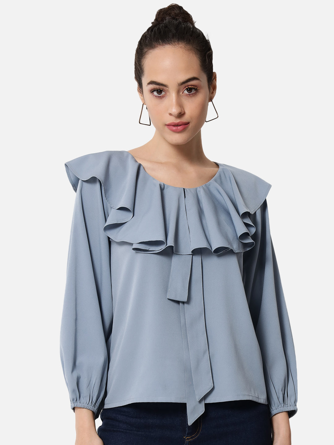 Blue Solid Round Neck Top for Women