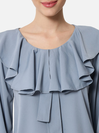 Blue Solid Round Neck Top for Women