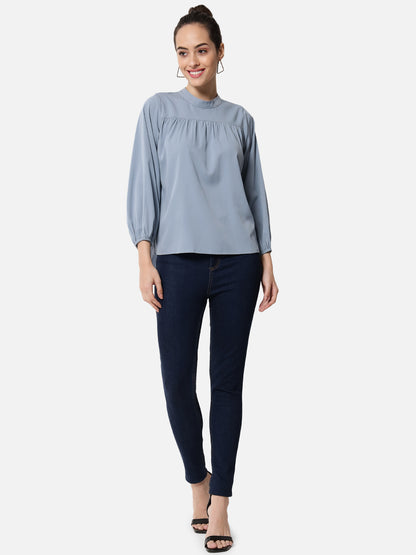 Light Blue Solid Mock Neck Top for Women