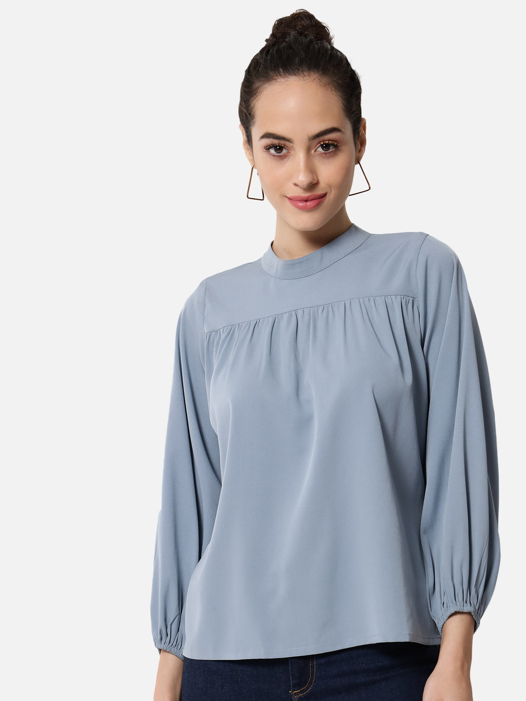 Light Blue Solid Mock Neck Top for Women