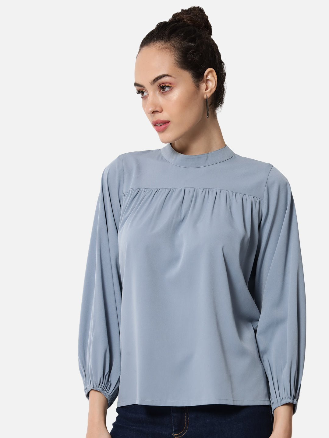 Light Blue Solid Mock Neck Top for Women