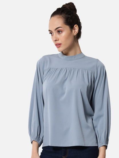 Light Blue Solid Mock Neck Top for Women