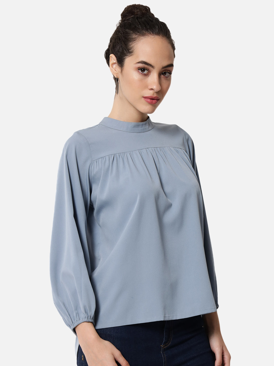 Light Blue Solid Mock Neck Top for Women