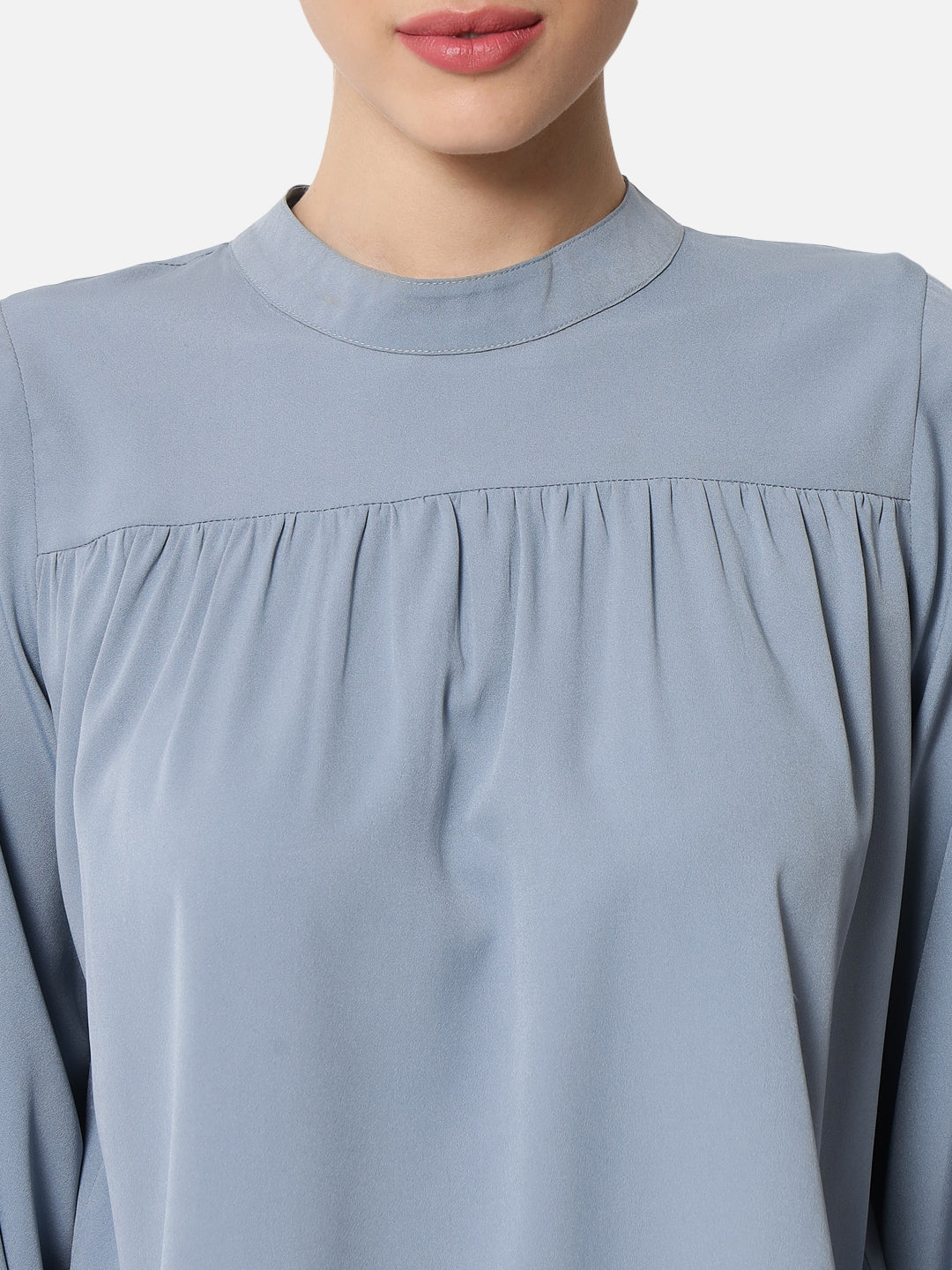 Light Blue Solid Mock Neck Top for Women
