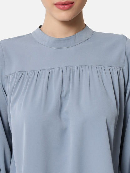 Light Blue Solid Mock Neck Top for Women
