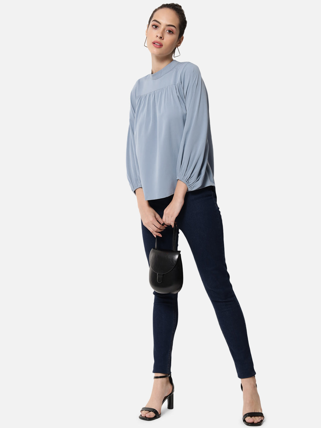 Light Blue Solid Mock Neck Top for Women