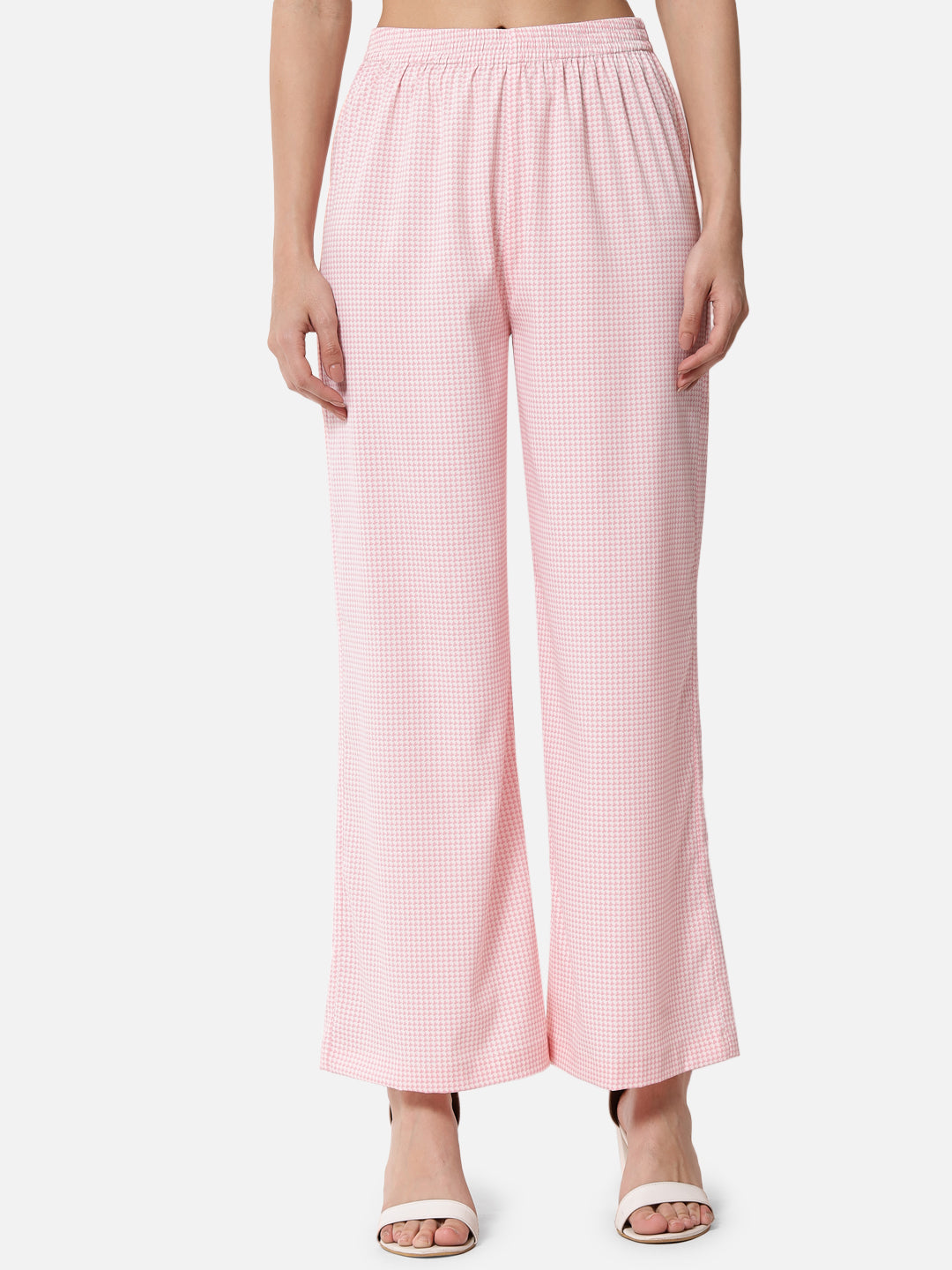 Pink Houndstooth Printed Regular Fit Straight Palazzo for Women