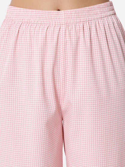 Pink Houndstooth Printed Regular Fit Straight Palazzo for Women