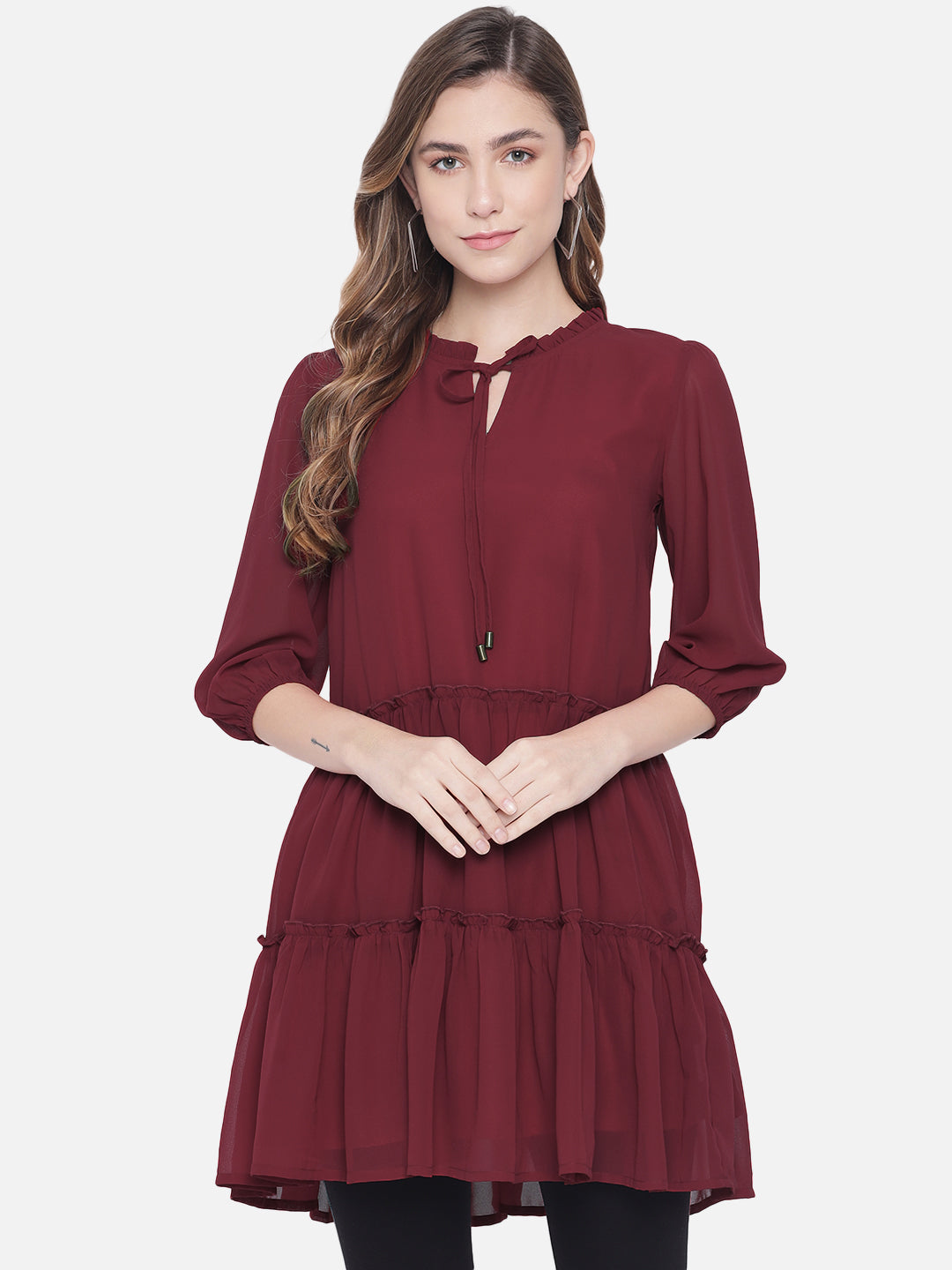 Solid Maroon Above knee Skater Dress for Women