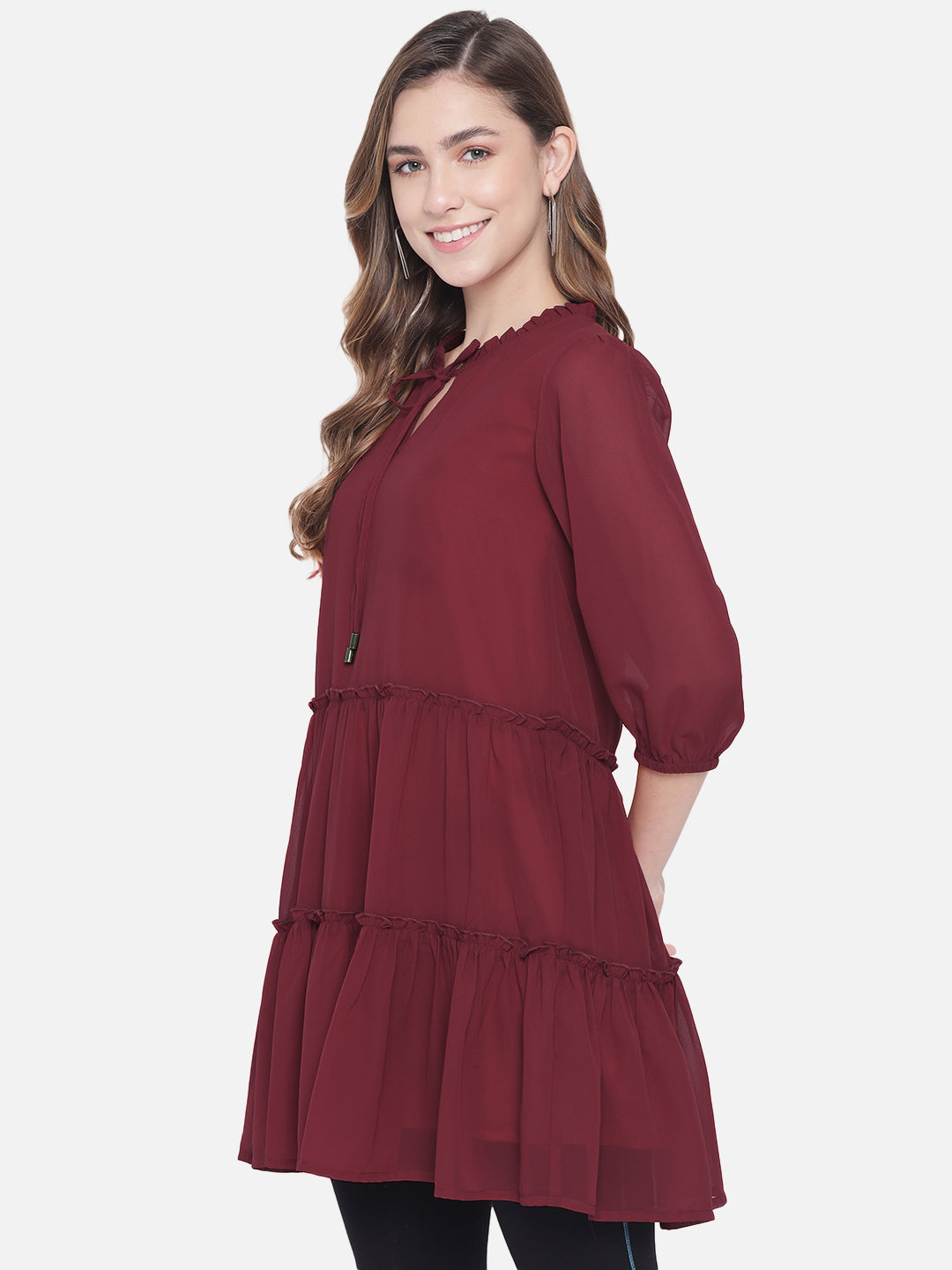 Solid Maroon Above knee Skater Dress for Women