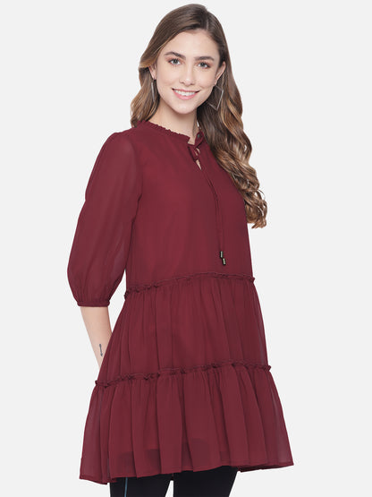 Solid Maroon Above knee Skater Dress for Women