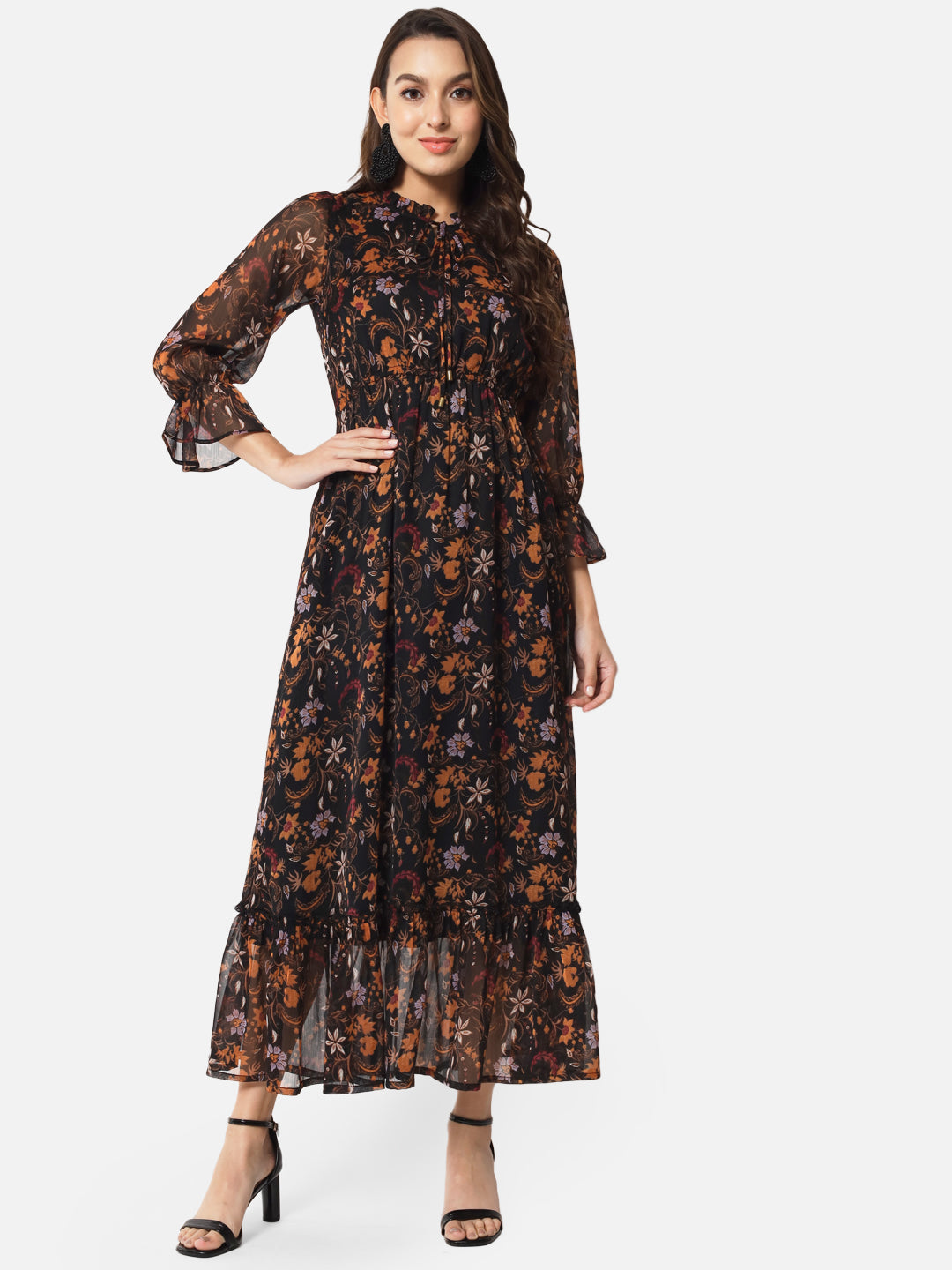 Floral Black Tie-Up Neck Ankle Length Dress for Women