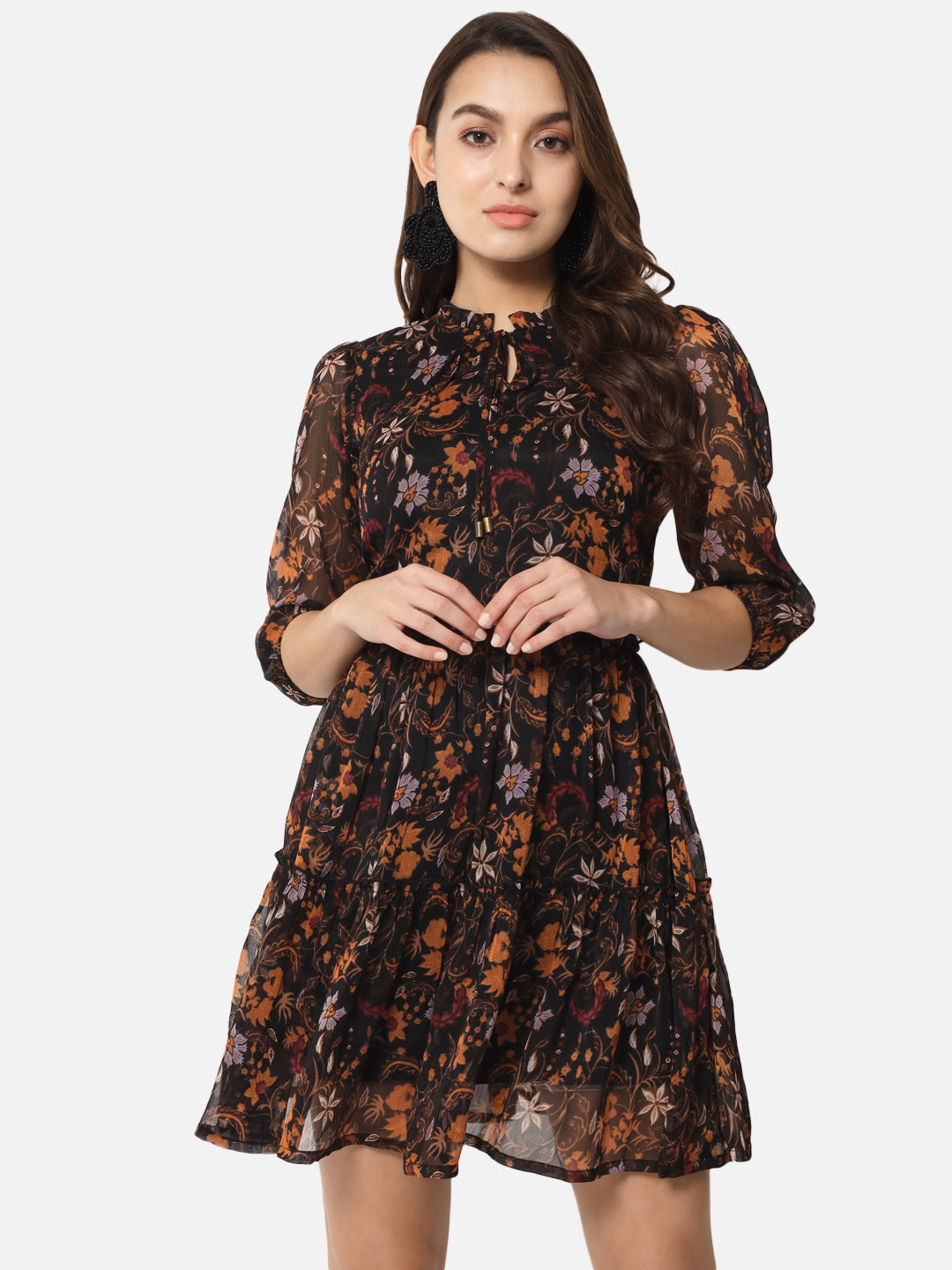 Floral Black Above Knee Skater Dress for Women