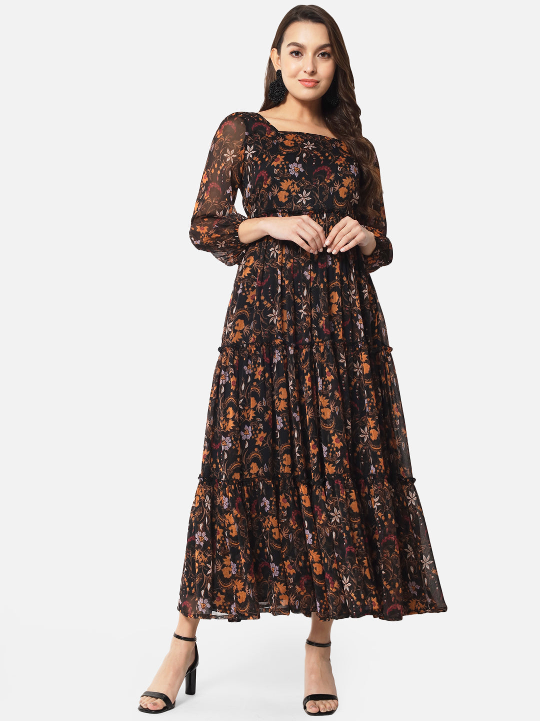 Floral Black Ankle Length Dress for Women