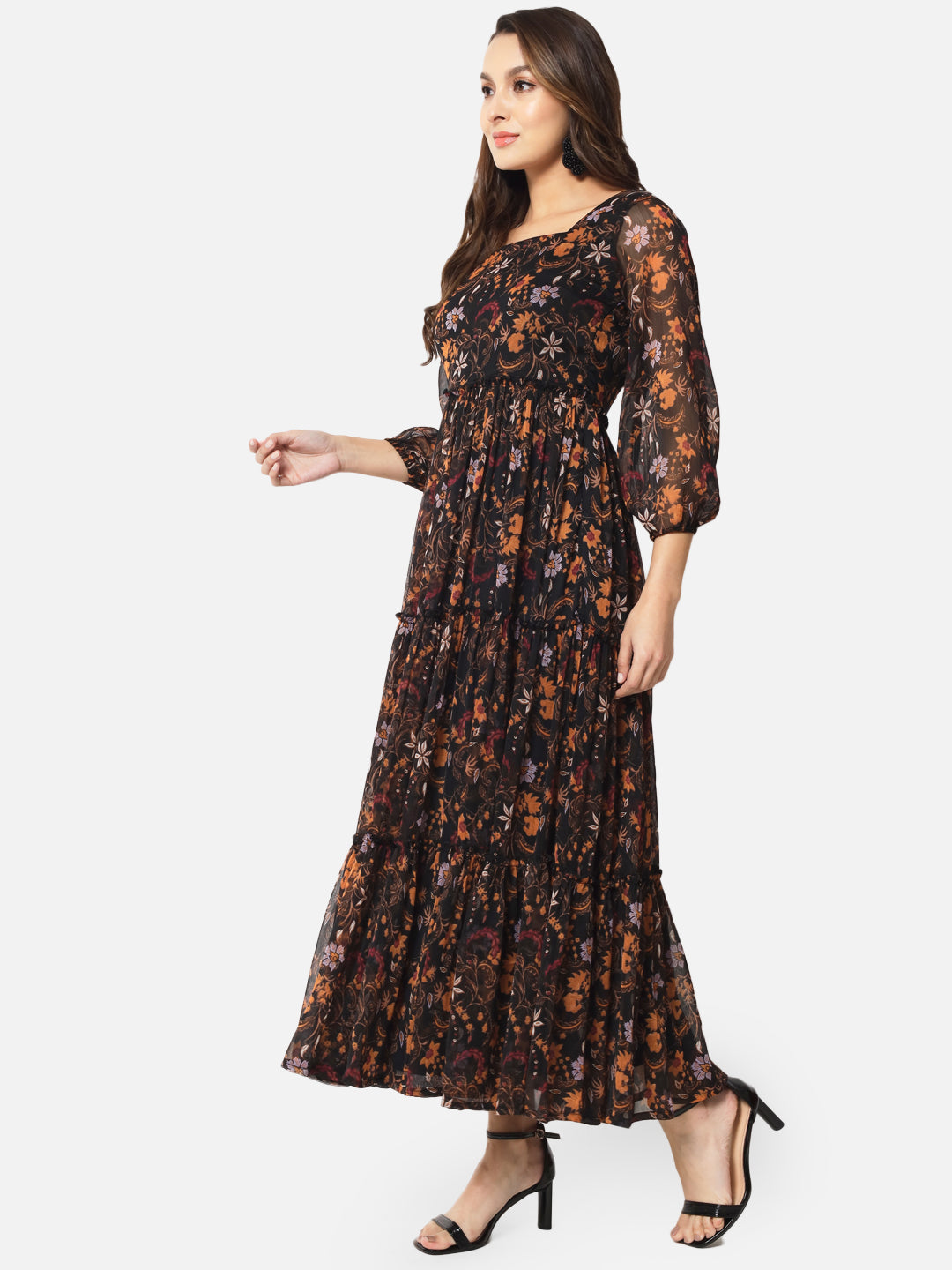 Floral Black Ankle Length Dress for Women