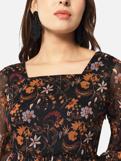 Floral Black Ankle Length Dress for Women