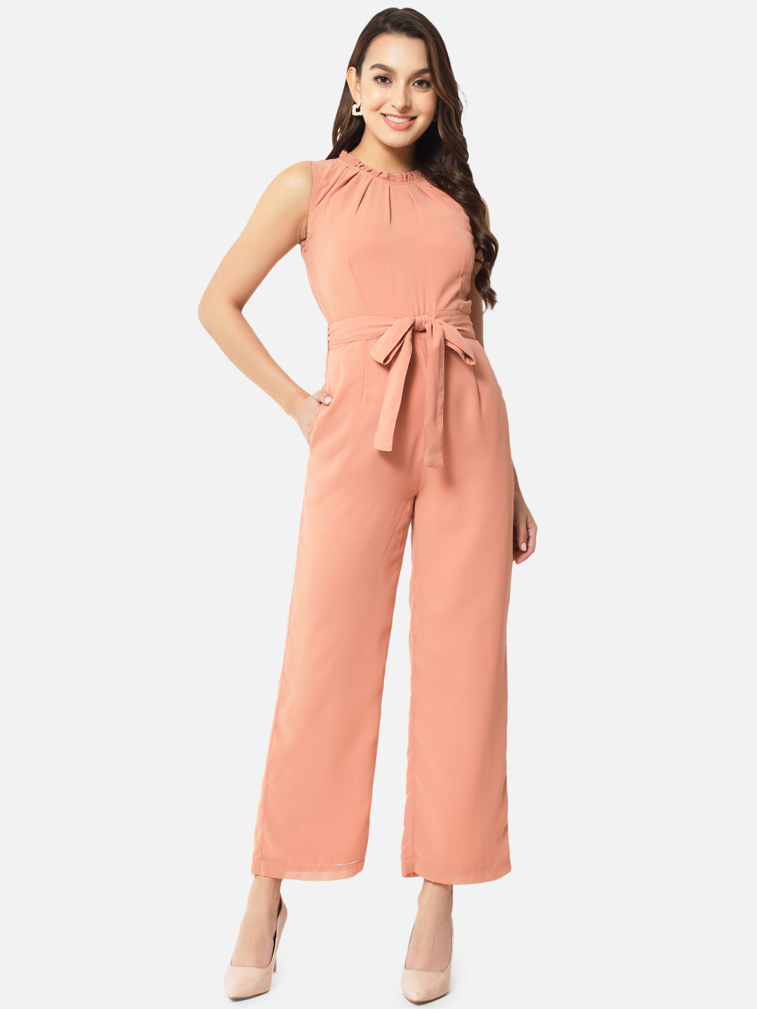 Solid Peach Sleeveless Jumpsuit for Women