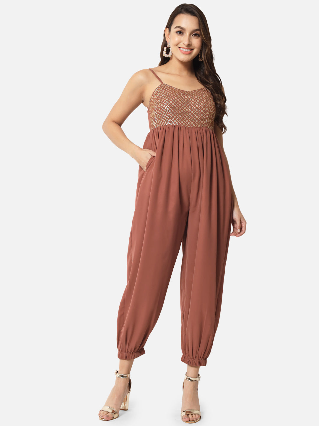 Embellished Brown Sleeveless Jumpsuit for Women
