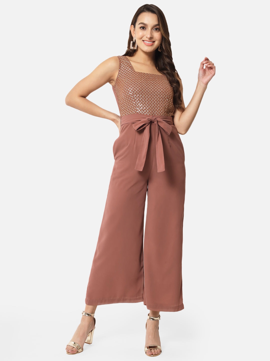 Embellished Brown Sleeveless Jumpsuit for Women