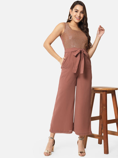 Embellished Brown Sleeveless Jumpsuit for Women