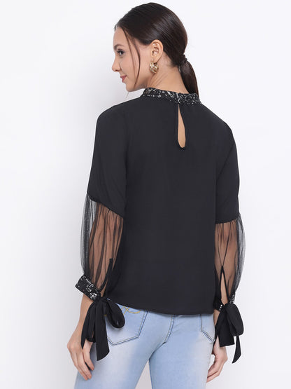 Black Embellished Neck Top for Women