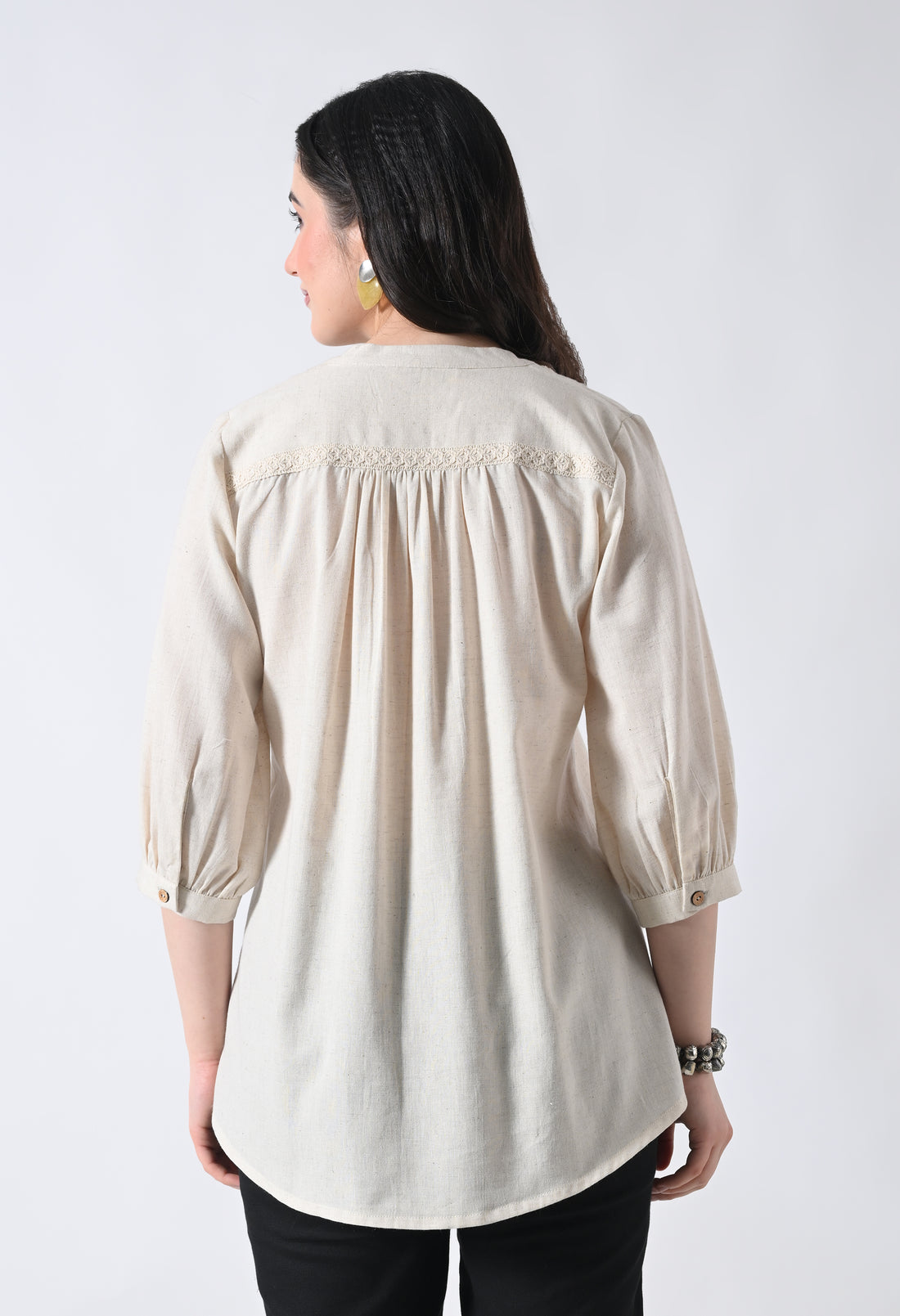 Cream Solid Elbow Sleeve Top for Women