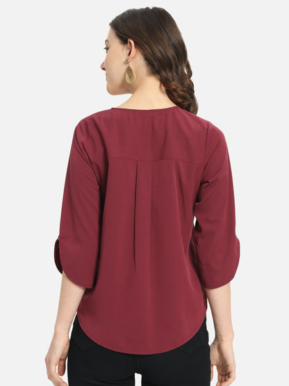 Solid Maroon V-Neck Top for Women