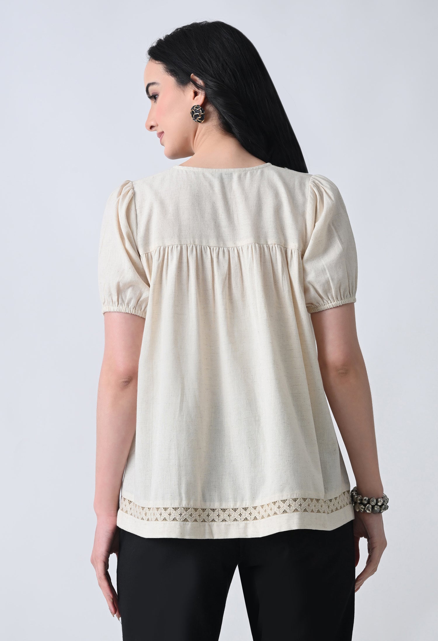 Cream Solid Half Sleeve Shirt Style Top for Women