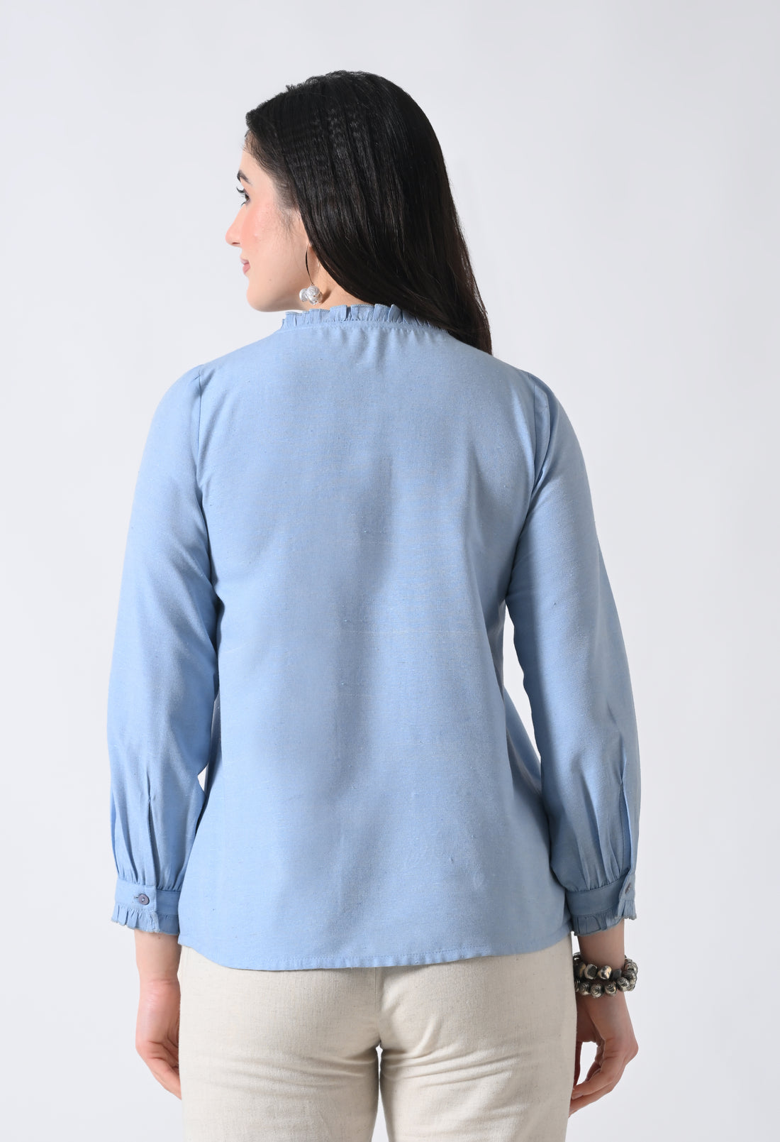 Light Blue Embroidered Shirt Style Top for Women