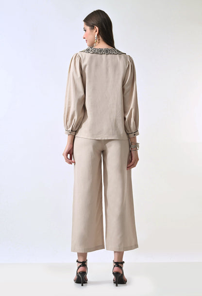 Women’s Beige Floral Embroidery Full Sleeve Top &amp; Palazzo Co-Ord Set
