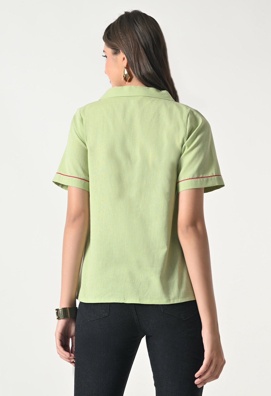 Women’s Green Floral Embroidery Half Sleeve Shirt Style Top