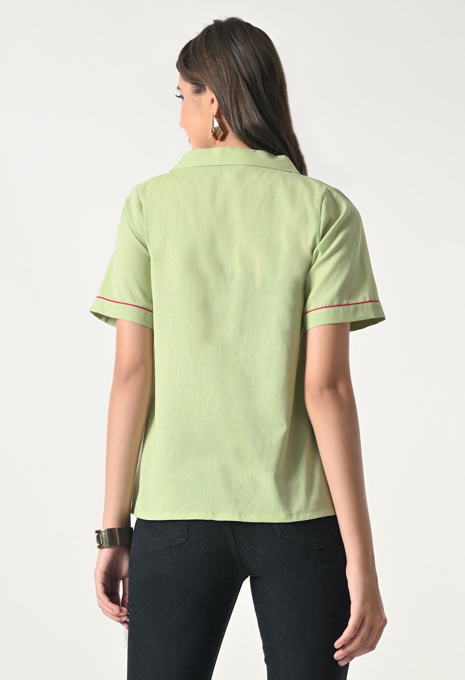 Women’s Green Floral Embroidery Half Sleeve Shirt Style Top