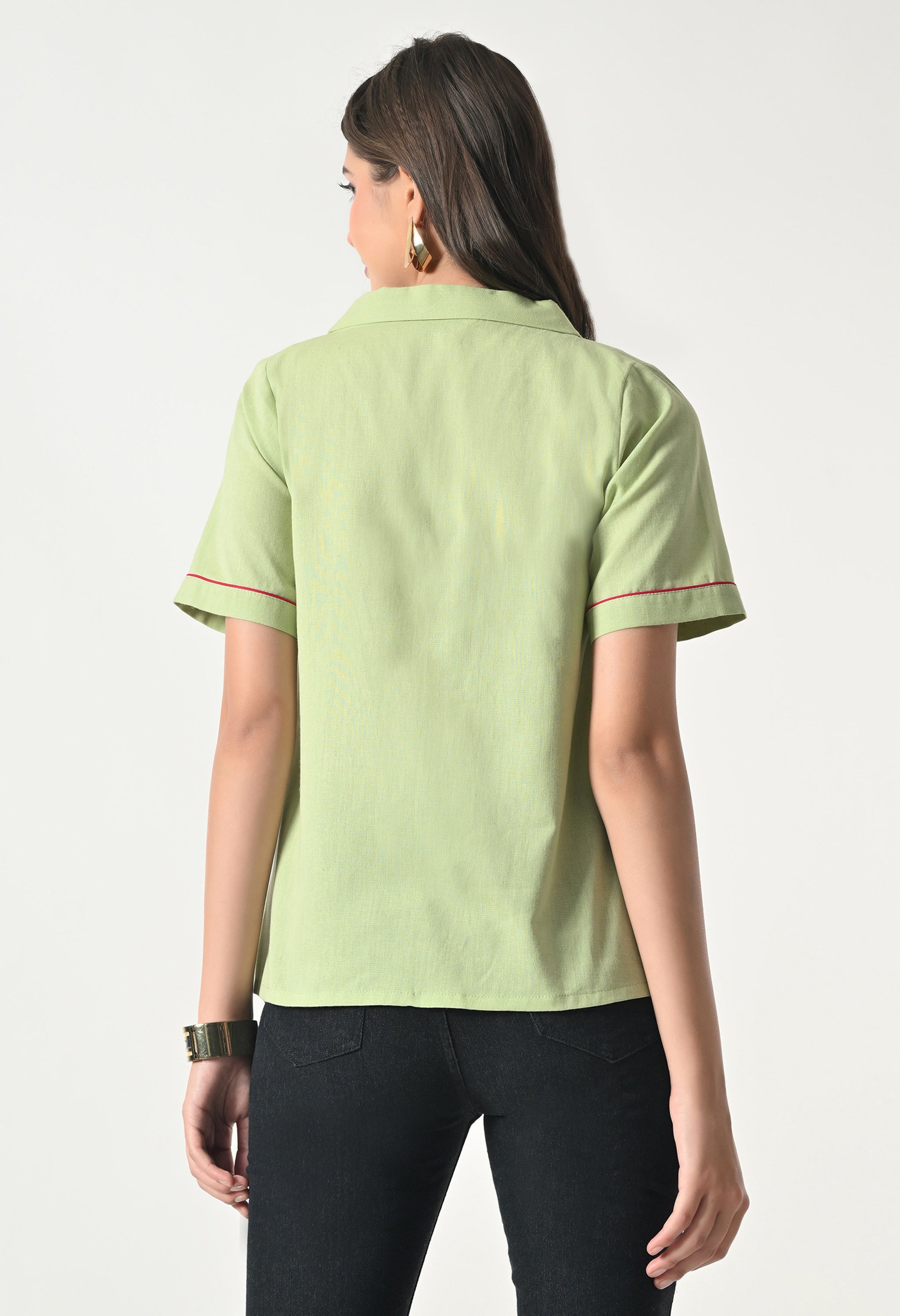 Women’s Green Floral Embroidery Half Sleeve Shirt Style Top