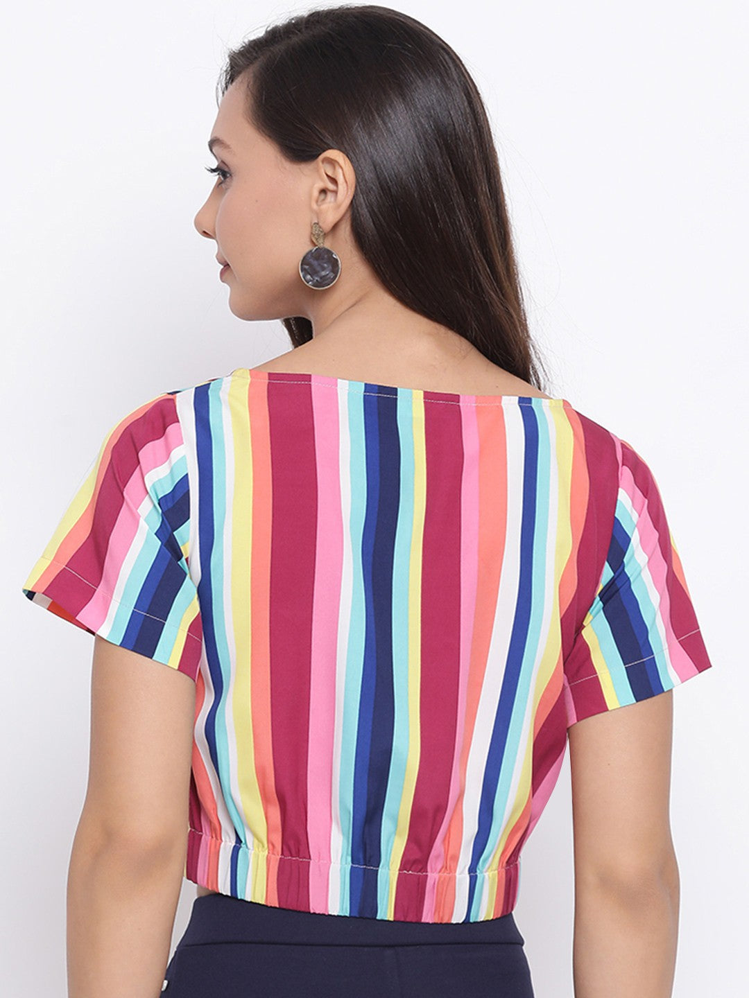 Multicolor Stripe Half Sleeve Crop Top for Women