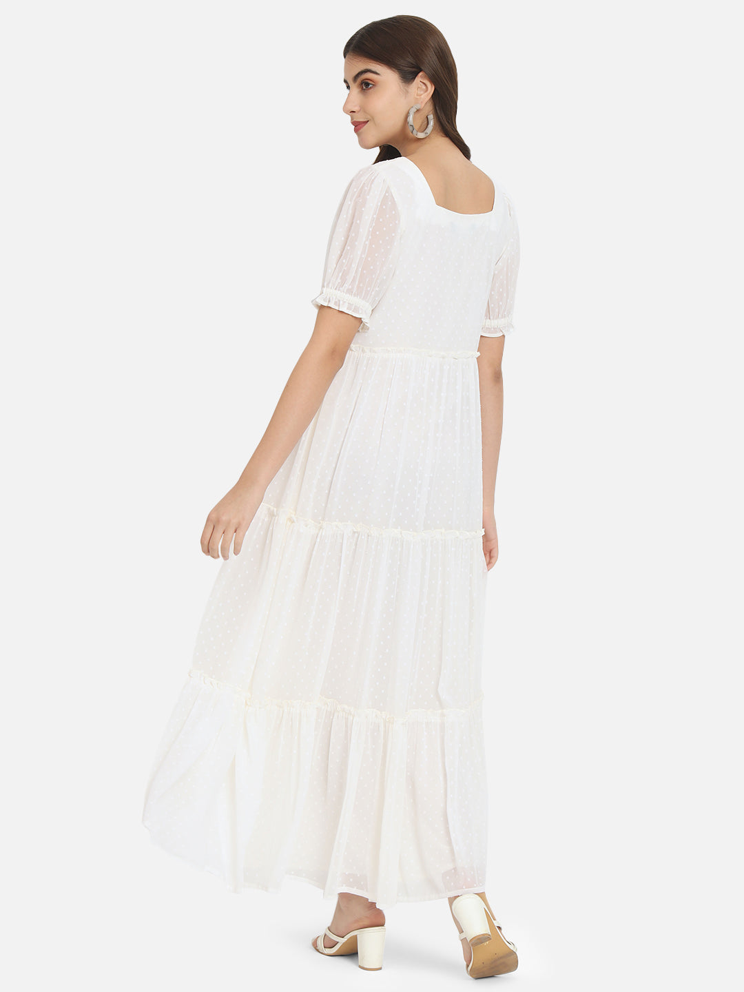 Cream Swiss Dot Half Sleeve Ankle Length Dress for Women