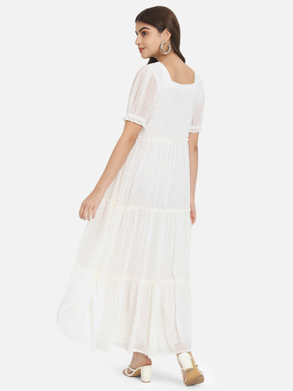 Cream Swiss Dot Half Sleeve Ankle Length Dress for Women
