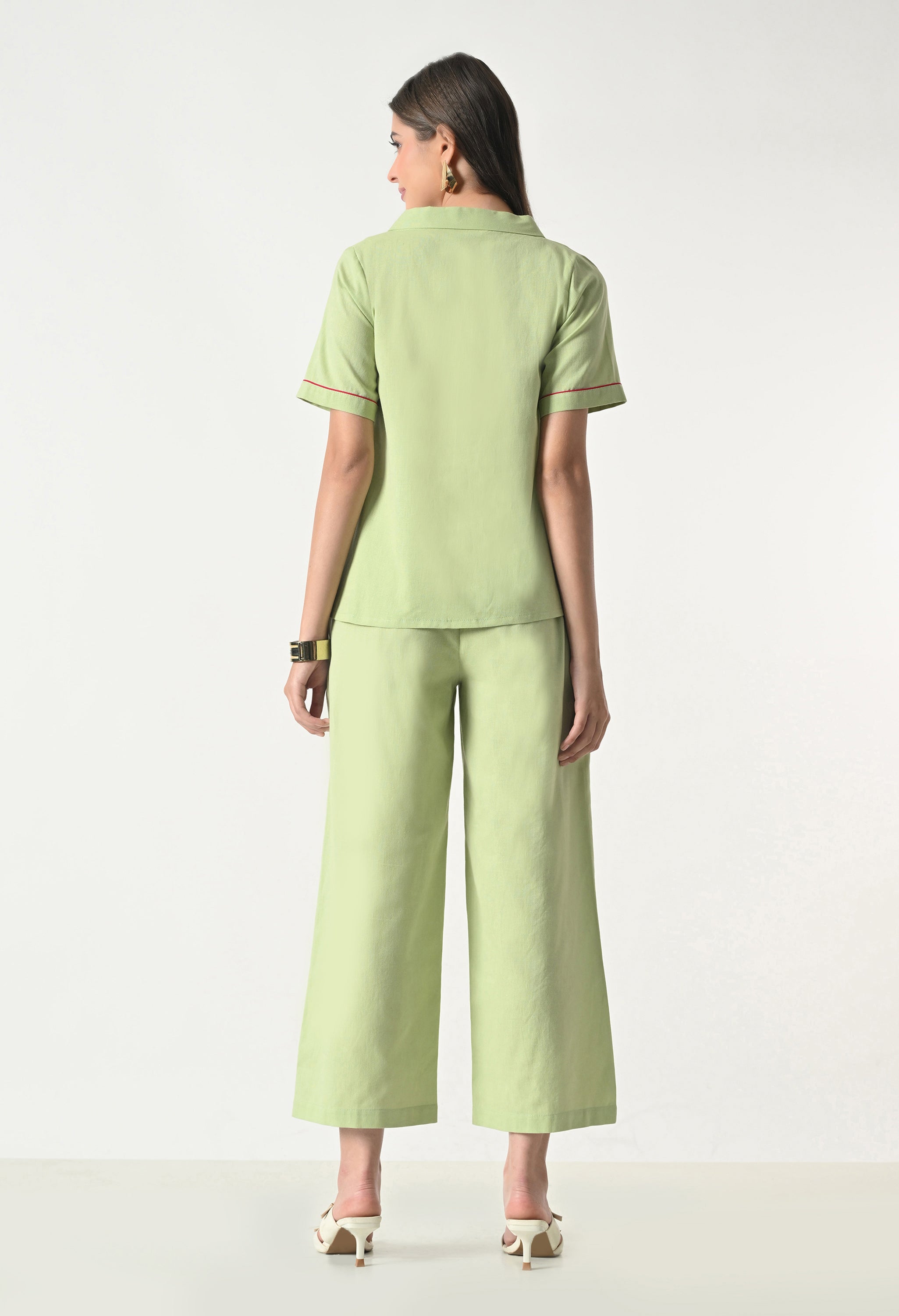 Women’s Green Floral Embroidery Half Sleeve Top &amp; Palazzo Co-Ord Set