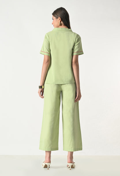 Women’s Green Floral Embroidery Half Sleeve Top &amp; Palazzo Co-Ord Set