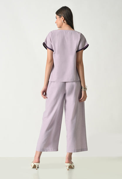 Women’s Purple Floral Embroidery Half Sleeve Top &amp; Palazzo Co-Ord Set