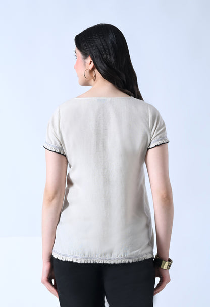 Cream Embroidered Half Sleeve Top for Women