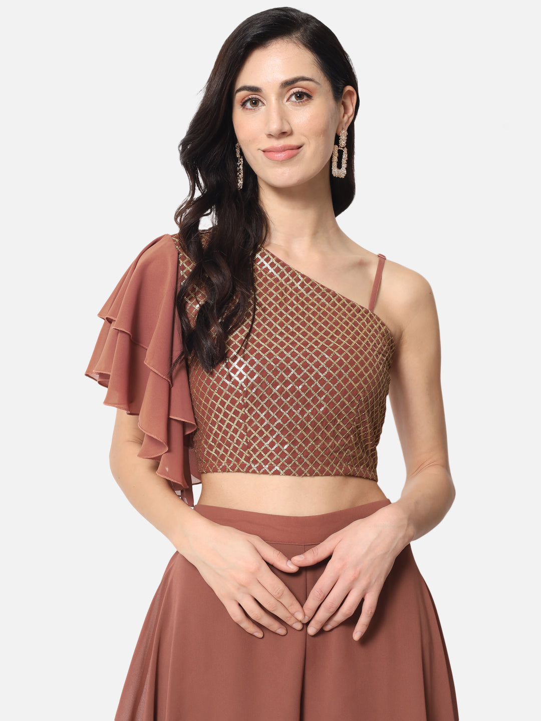 Embellished Brown Asymmetric Neck Crop Top for Women