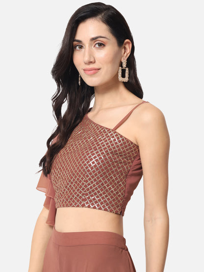 Embellished Brown Asymmetric Neck Crop Top for Women