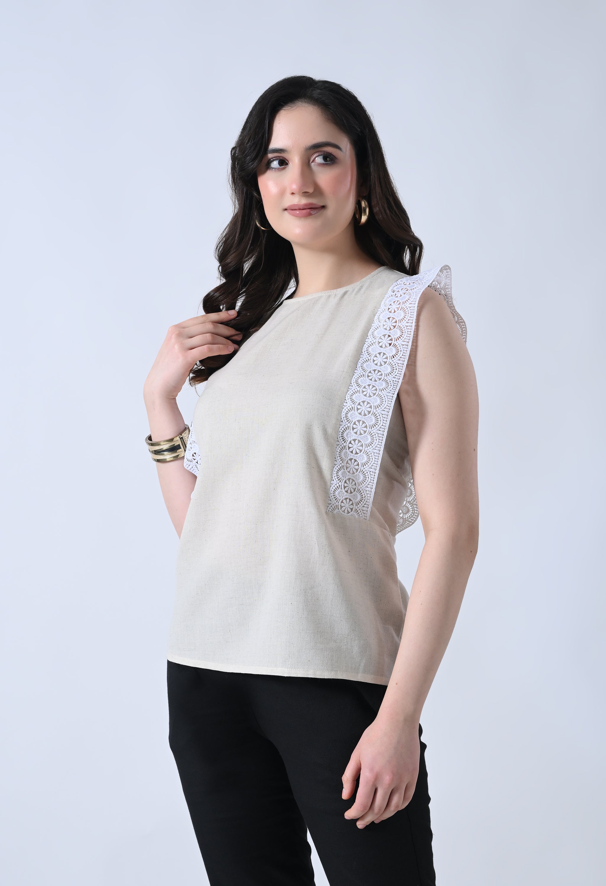 Cream Solid Sleeveless Top for Women