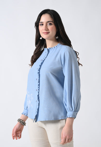 Light Blue Embroidered Shirt Style Top for Women