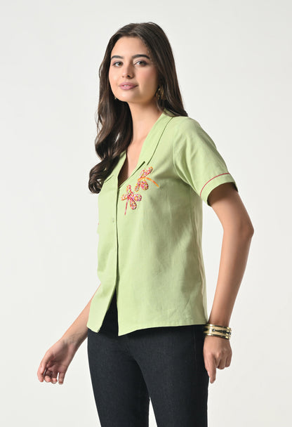 Women’s Green Floral Embroidery Half Sleeve Shirt Style Top
